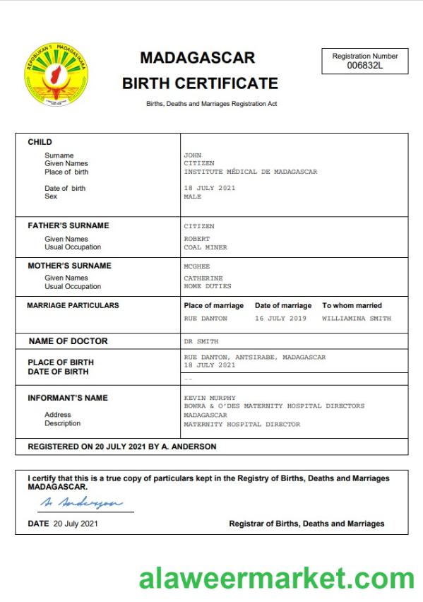Madagascar vital record birth certificate Word and PDF template